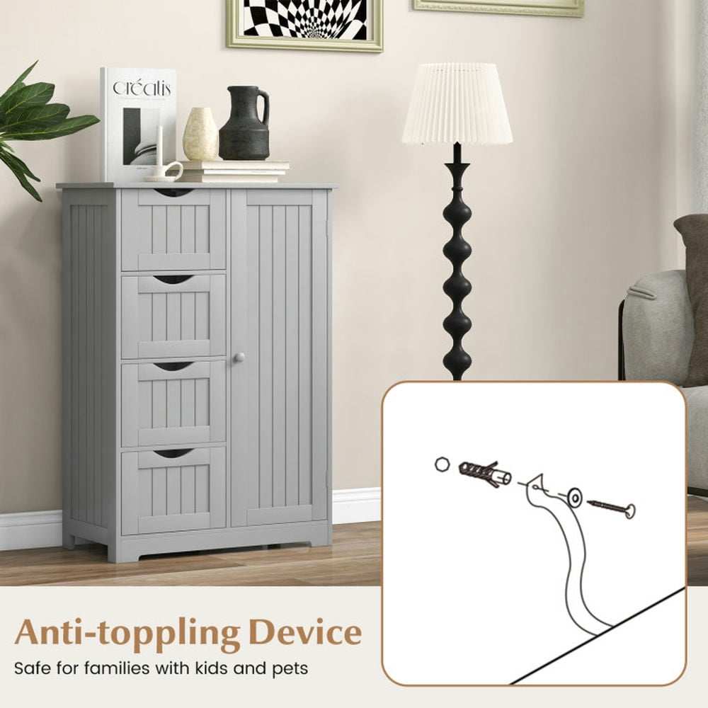 Finihen Storage Cabinet, Floor Cabinet, Standing Indoor Wooden Cabinet with 4 Drawers, for Bathroom, Living Room, Bedroom, Kitchen, Gray