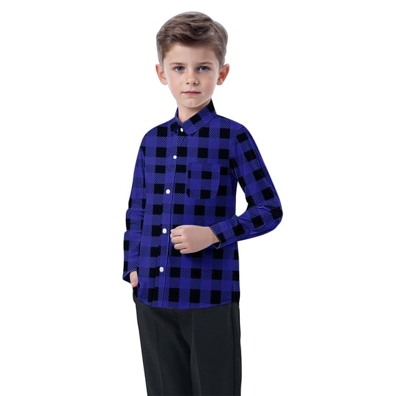 Eltusu Boys Plaid Shirts, Soft Breathable Casual Lapel Collar Button-Down Shirts Blue Size 7-8 T