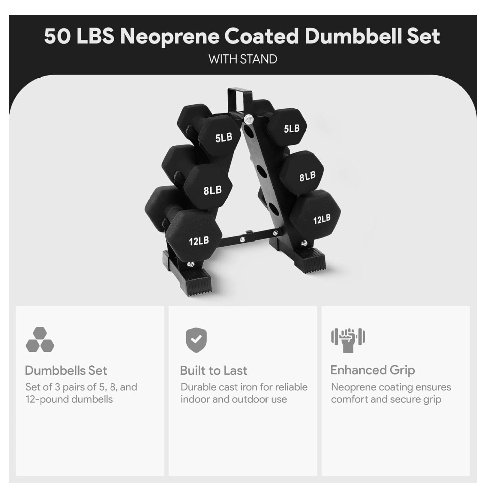 Neoprene Dumbbell Set with Stand – 50lb Hex Weights for Strength Training, Home Gym – Color Coded Non-Slip Grip, Complete 5, 8, 12lb Pairs