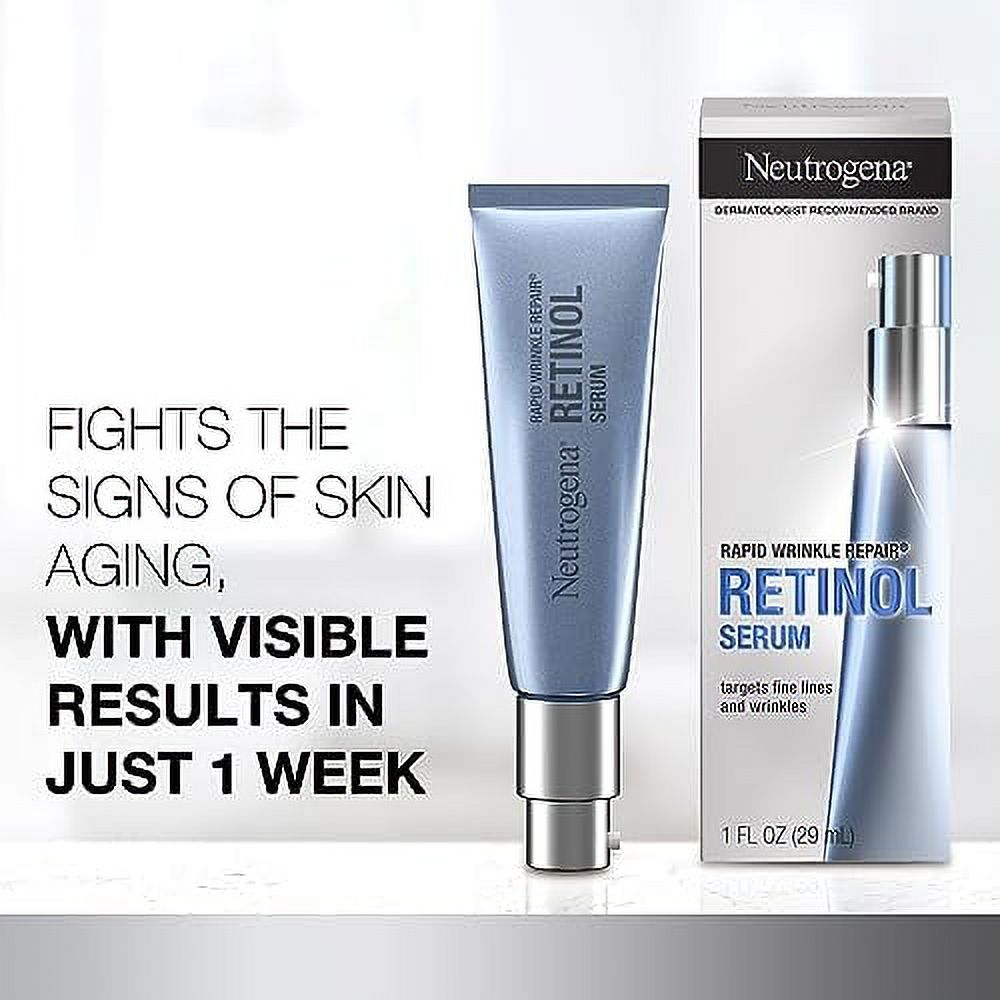 Neutrogena Rapid Wrinkle Repair Retinol Anti-Wrinkle Face Serum with Hyaluronic Acid, Daily Anti-Aging Facial Serum for Fine Lines & Wrinkles, Mineral Oil- & Dye-Free, 1 fl. oz