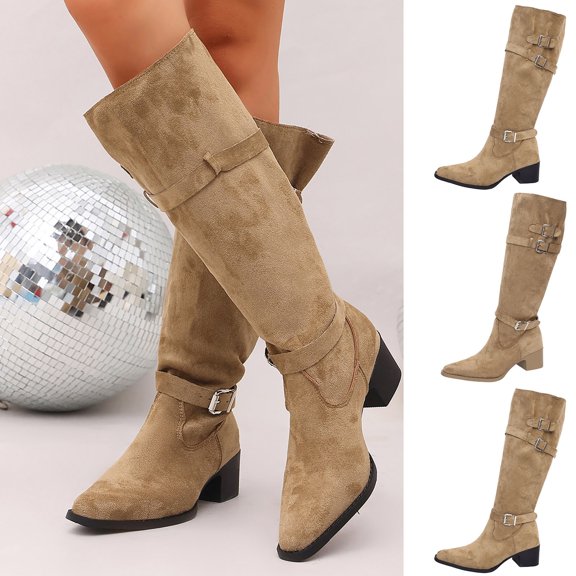 Women Pointed Toe Buckle Strap Knee High Western Boots, Chunky Block Heel Suede Tall Cowboy Boots, Slouch Fold Over Fashion Booties Khaki 9(42)