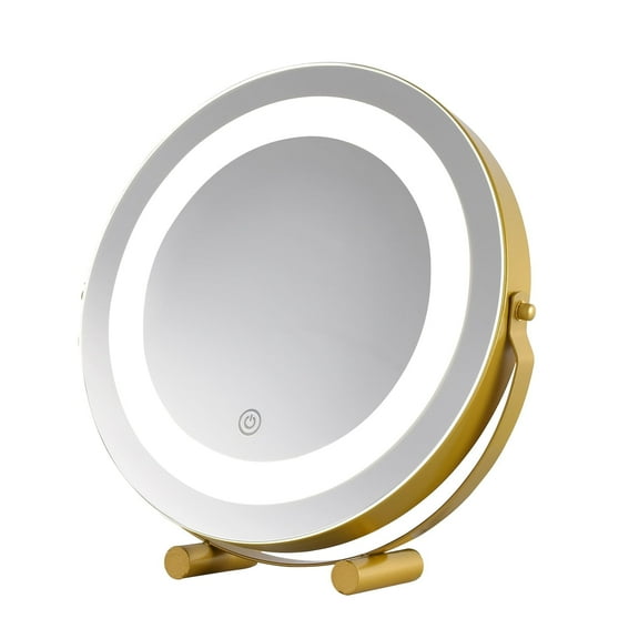 Modern LED Vanity Mirror with Touch Control, Round Gold Metal Frame, Double-Sided Makeup Mirror with Stand for Bathroom, Bedroom, Dressing Table