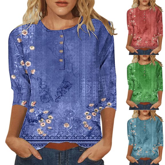 Fesfesfes Short Sleeves Shirts for Women's Fashion Printed T-shirt Mid-length 3/4 Sleeves Blouse Round Neck Casual Tops Womens Shirts 12(XXL)
