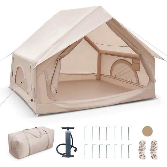 Inflatable Camping Tent – 420D Oxford Waterproof, Easy Setup Blow Up Tent with Hand Pump, Storage Bag, Glamping Air Cabin for 4-6 Adults