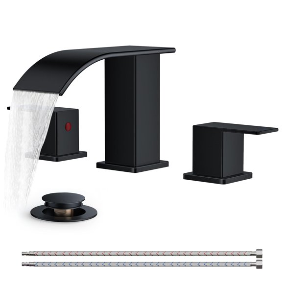 FORIOUS Square Matte Black Bathroom Faucets 3 Hole, Waterfall 8 Inch Widespread Bathroom Sink Faucet with Metal Pop-up Drain and Supply Lines, Two Handles for Vanity