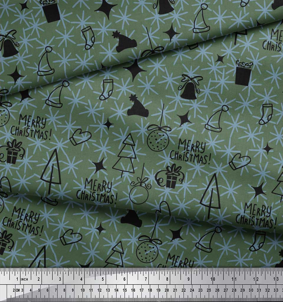 Soimoi Green Cotton Duck Fabric Snowflake,Ornament & Tree Christmas Printed Craft Fabric by the Yard 42 Inch Wide