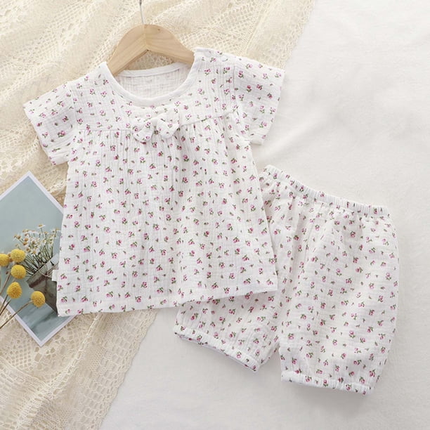 Conjunto de verano para niñas, cuello redondo, manga corta, estampado floral pequeño con lazo, material de gasa, pijama cómodo y transpirable de dos piezas para niñas pequeñas, conjunto de algodón par