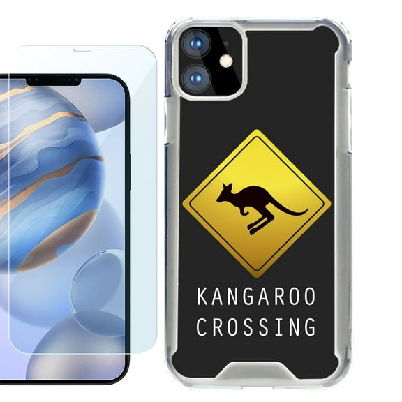 For Apple iPhone 12 Case, iPhone 12 Pro Case, Hybrid Bumper Phone case, with Tempered Glass Screen Protector, by OneToughShield ® - Road Sign Kangaroo