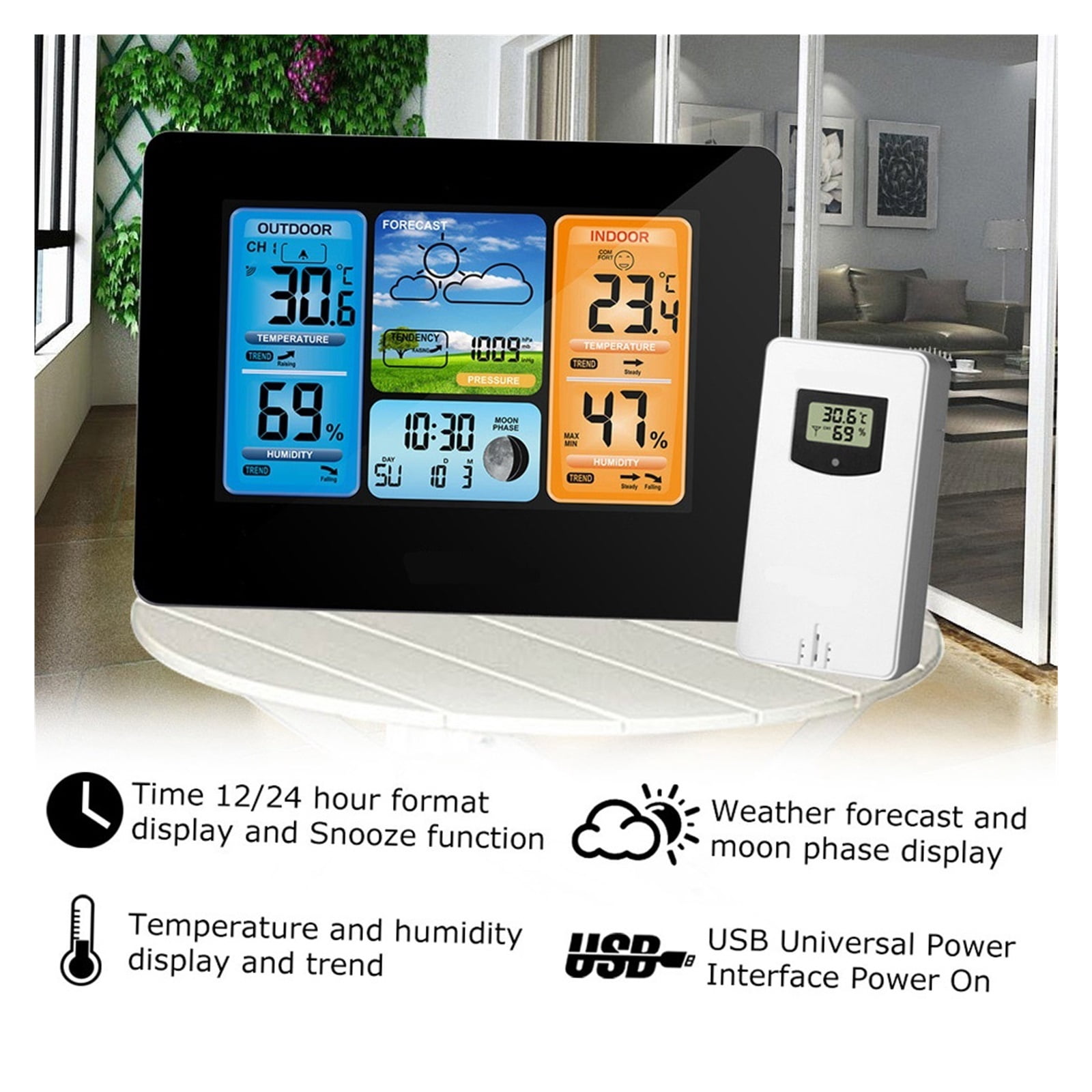 Weather Station Thermometer Hygrometer Barometer Alarm Clock Weather Forecast Wireless Sensor - WOOD