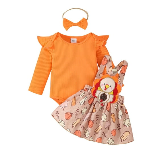 kamemir Thanksgiving Baby Girl Outfit Long Sleeve Romper Pumpkin Turkey Suspender Skirt Fall Clothes Set(Orange,3-6 Months)