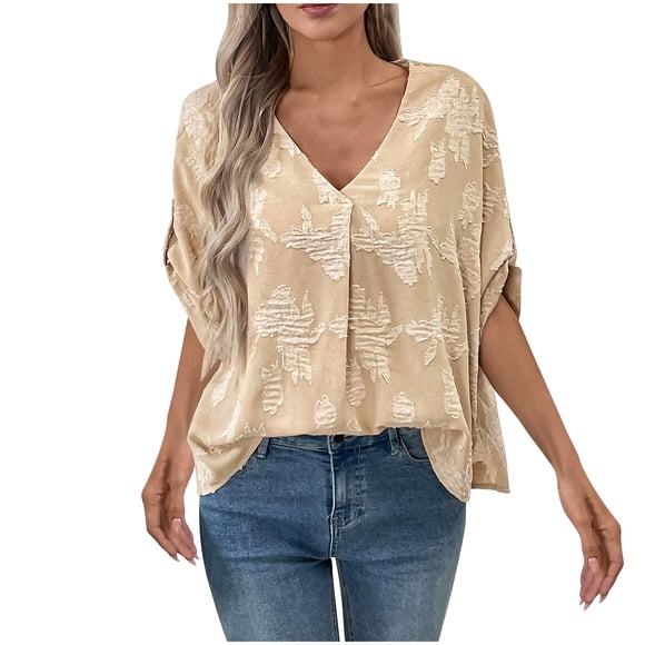 Women's Loose Casual Solid Color V-neck Batwing Sleeve Short Sleeved Top, Comfortable and Breathable, Relaxed Fit for Summer, Versatile T-shirt for Daily Wear, Easy to Pair with Jeans or Skirts