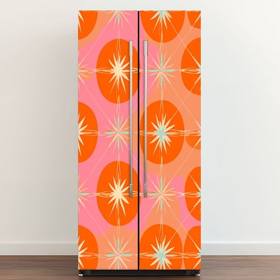 Self Adhesive Vinyl Refrigerator Wrap Set 50s Mid Century Modern Seamless Door Mural Removable Fridge Sticker Peel and Stick Full Door Cover Decal Kitchen Bar Decor