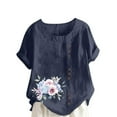 thumbnail image 2 of Staron Liquidation Chemises d'Été pour Femmes Manches Courtes Retroussées Blouses d'Été Tendance Grande Taille Coton Lin Coupe Ample Col Rond Chemises à Imprimé Floral Hauts, 2 of 4