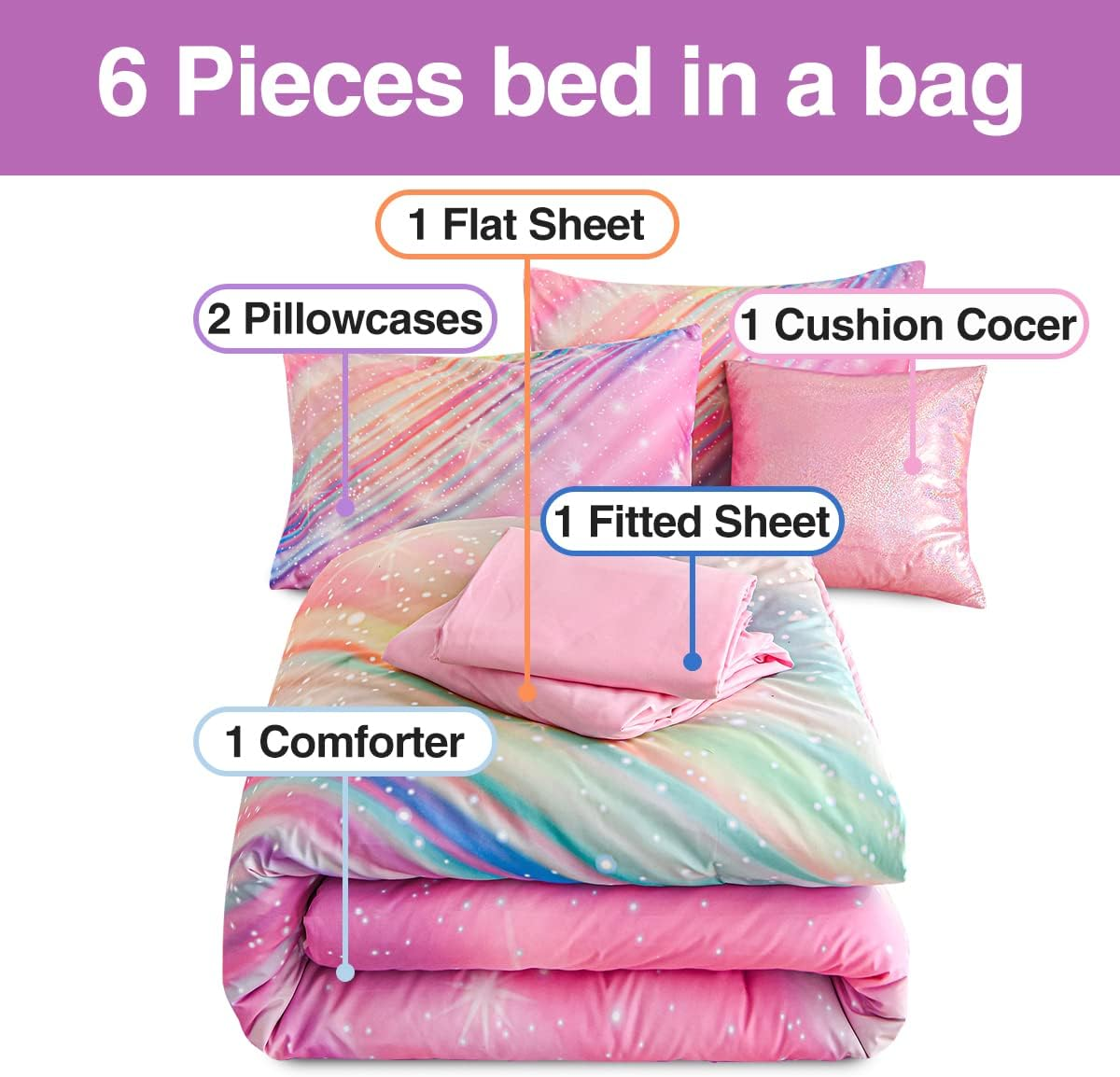 Btargot 6PCS Pink Galaxy Twin Comforter Set Rainbow Gradient Star Ring Bedding Set for Girls Kids