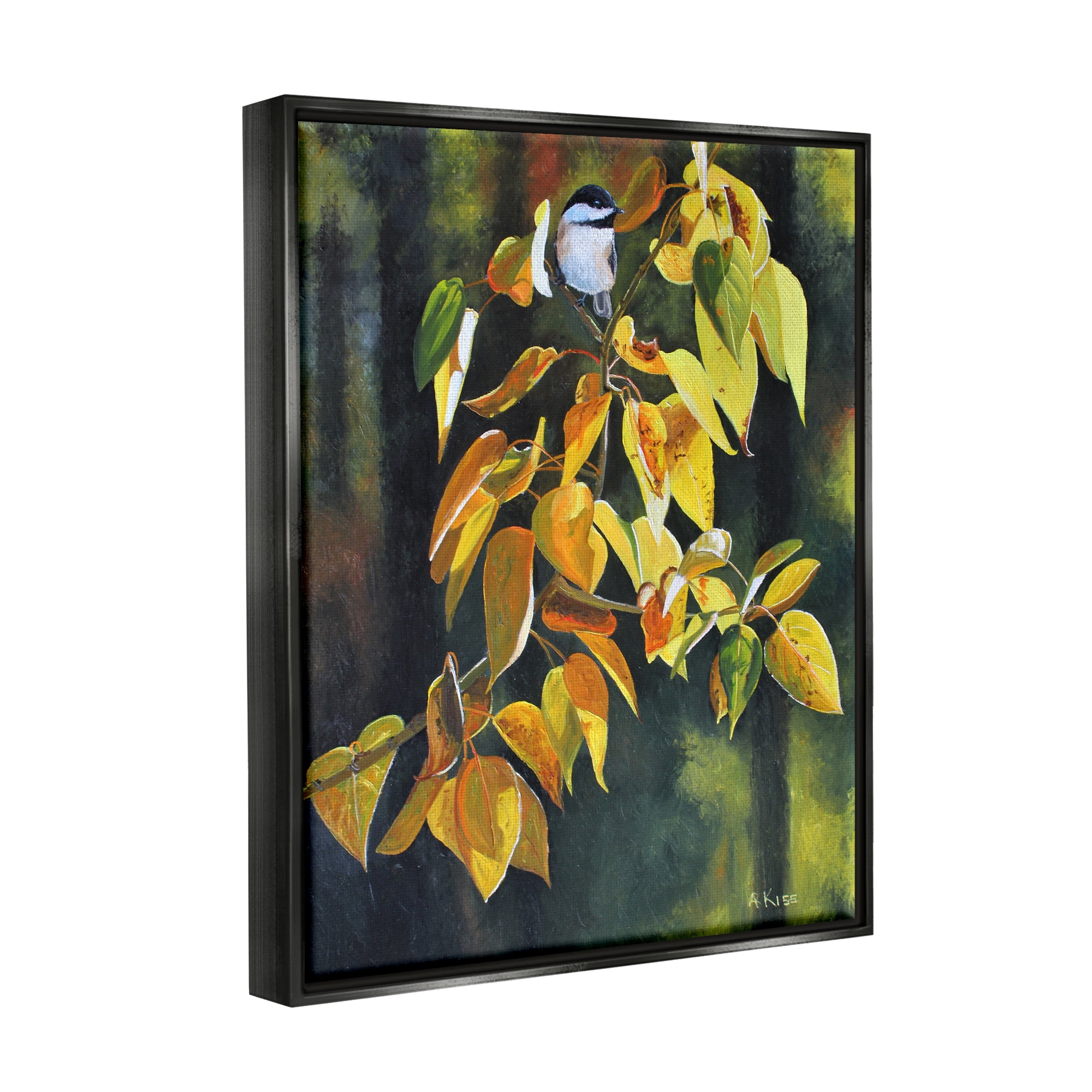 Stupell Industries Bird on Autumn Branch Botanical & Floral Painting Black Floater Framed Art Print Wall Art, 17 x 21