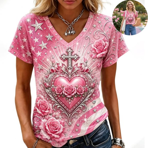 Pink Breast Cancer Awareness Shirts Women October Inspirational Pink T-Shirts Short Sleeve V-Neck Casual Tee Tops