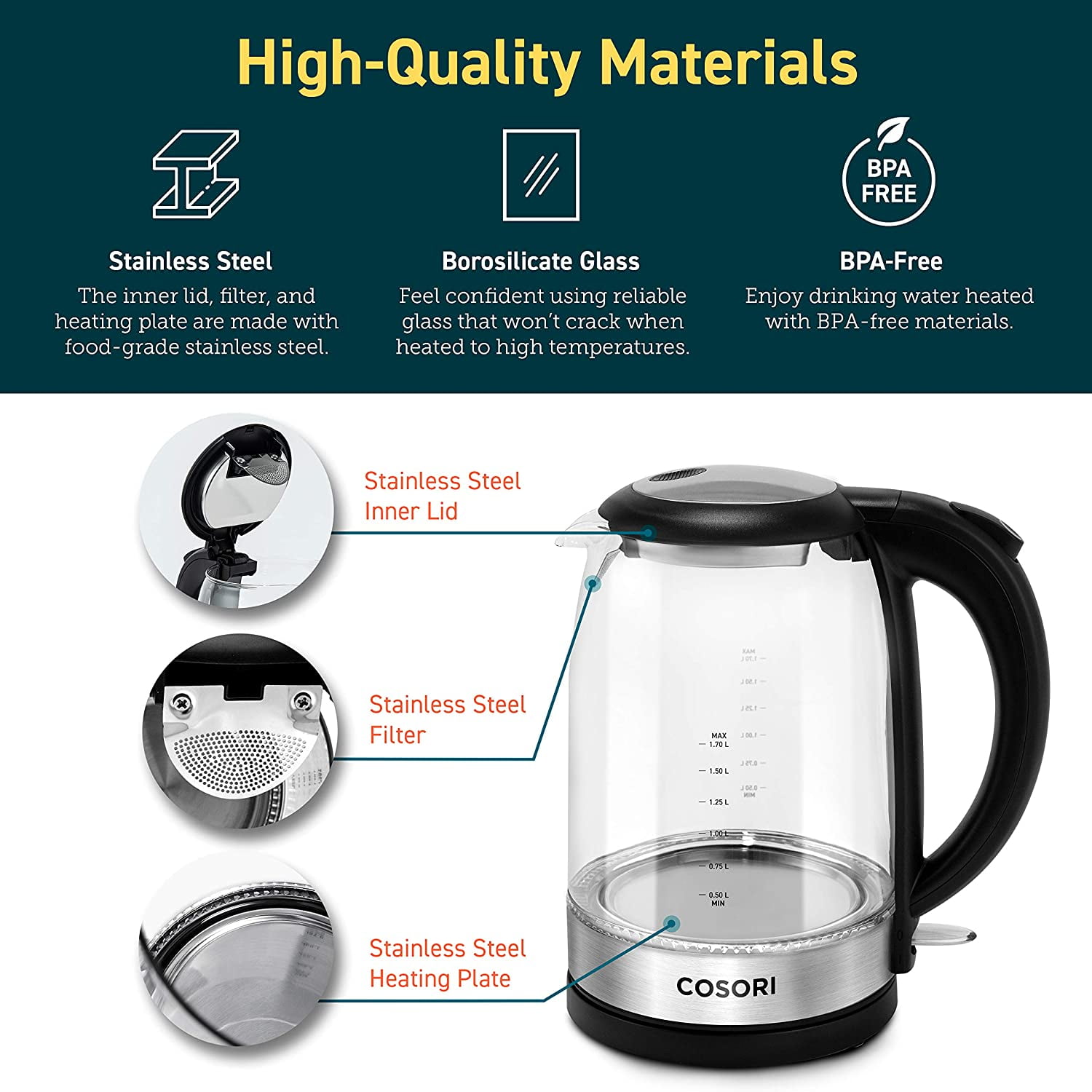 Cosori Electric Kettle(BPA Free), 1.8 Qt Double Wall 304 Stainless Ste –  TeeXibo
