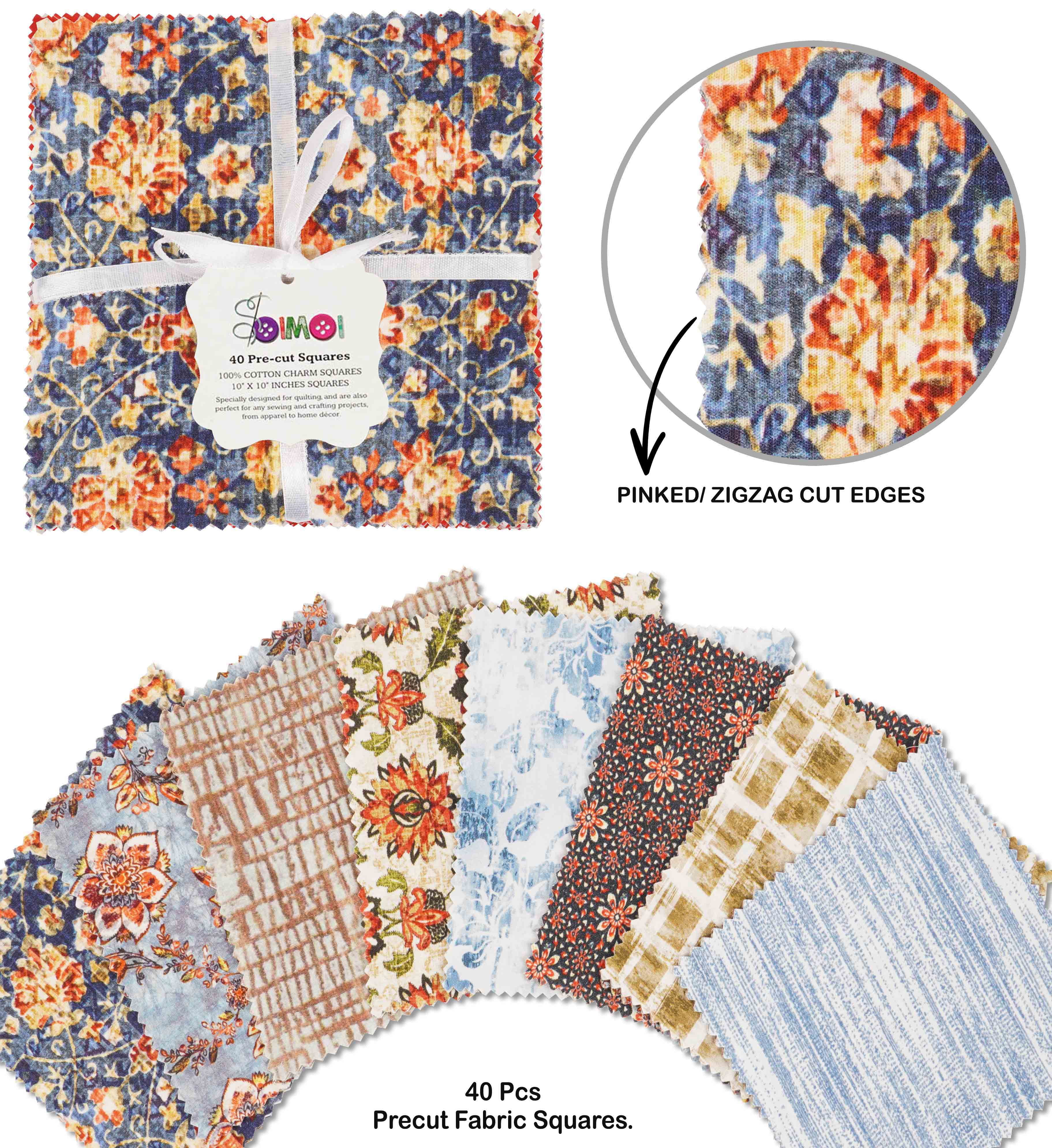 Soimoi Precut 10-inch Floral Floral With Texture Prints Cotton Fabric Bundle Quilting Squares Charm Pack DIY Patchwork Sewing Craft- Multicolor