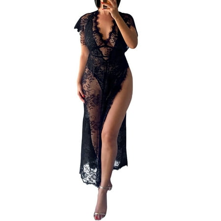 

Luckinbaby Women s Nightdress Short Sleeve Split See-Through Nightgown +Thong
