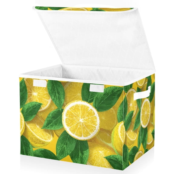 Foldable Fabric Storage Bin With Handle Collapsible Basket Box Storage With Lid Organizer Lemon Slices