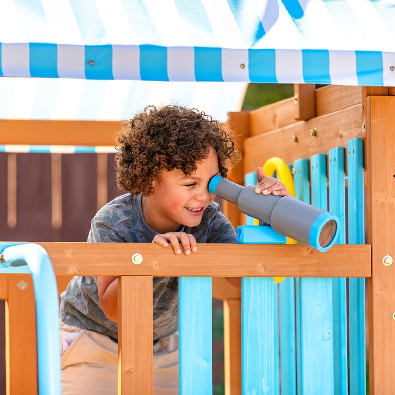 Teamson Kids Laguna Swing Set—Aqua & Natural Wooden Outdoor