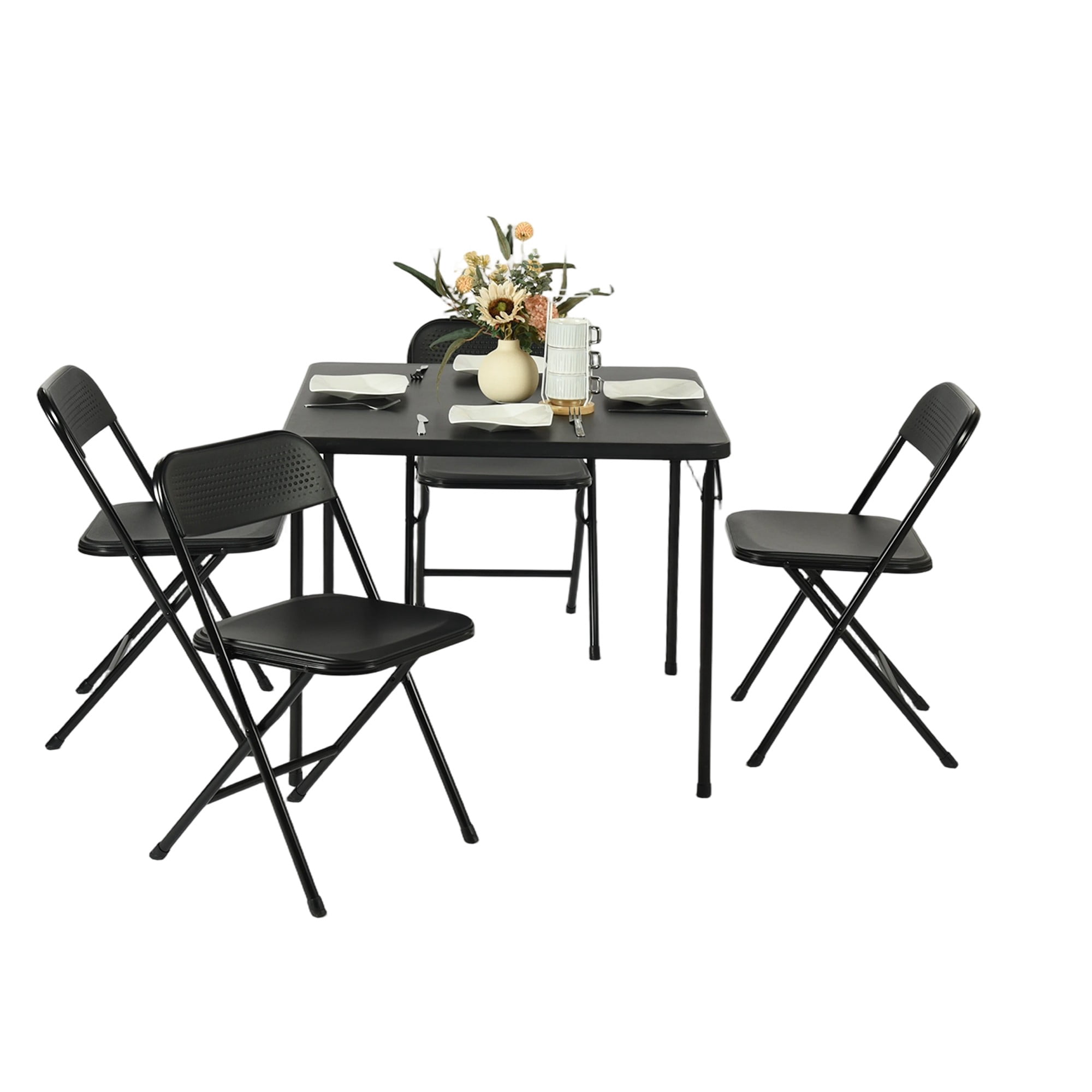 BSHTI 34" Square Folding Table – No Assembly Portable Card Table, PVC Top with Metal Frame, Indoor Outdoor Use for Dining Room, Living Room, Office & Camping, Black