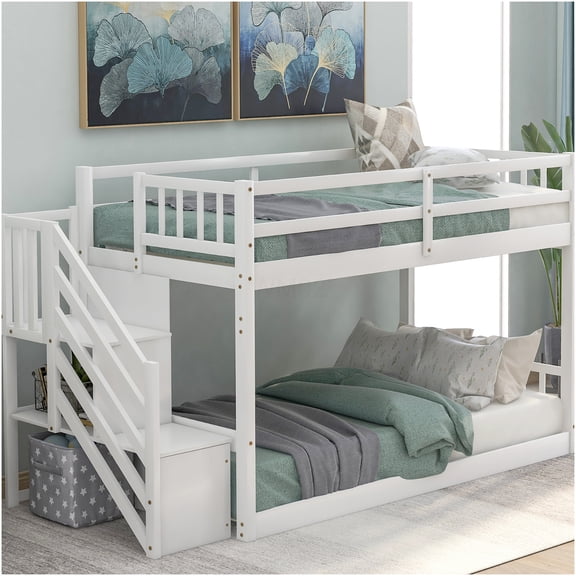 Low Profile Twin Bunk Bed with Stairs, Storage Drawers & Guard Rails, White Solid Pine Wood