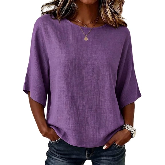 Women's Crew Neck Tops Textured Dolman 3/4 Sleeve T-Shirt Casual Linen Blend Summer Top for Women Purple M