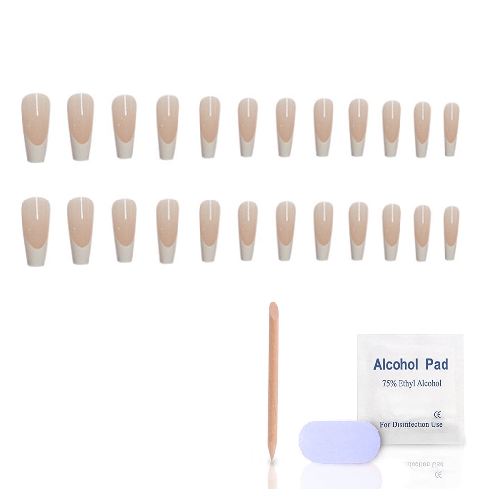 24 Pcs Press On Nails Long Fake Acrylic Ballet French White Illuminate Butterfly Adhesive Tape