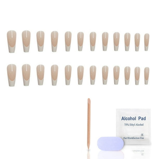 24 piezas de uñas postizas largas a presión, acrílicas, estilo ballet francés, blancas, con diseño de mariposas iluminadas, con cinta adhesiva para uñas, para mujeres y niñas.