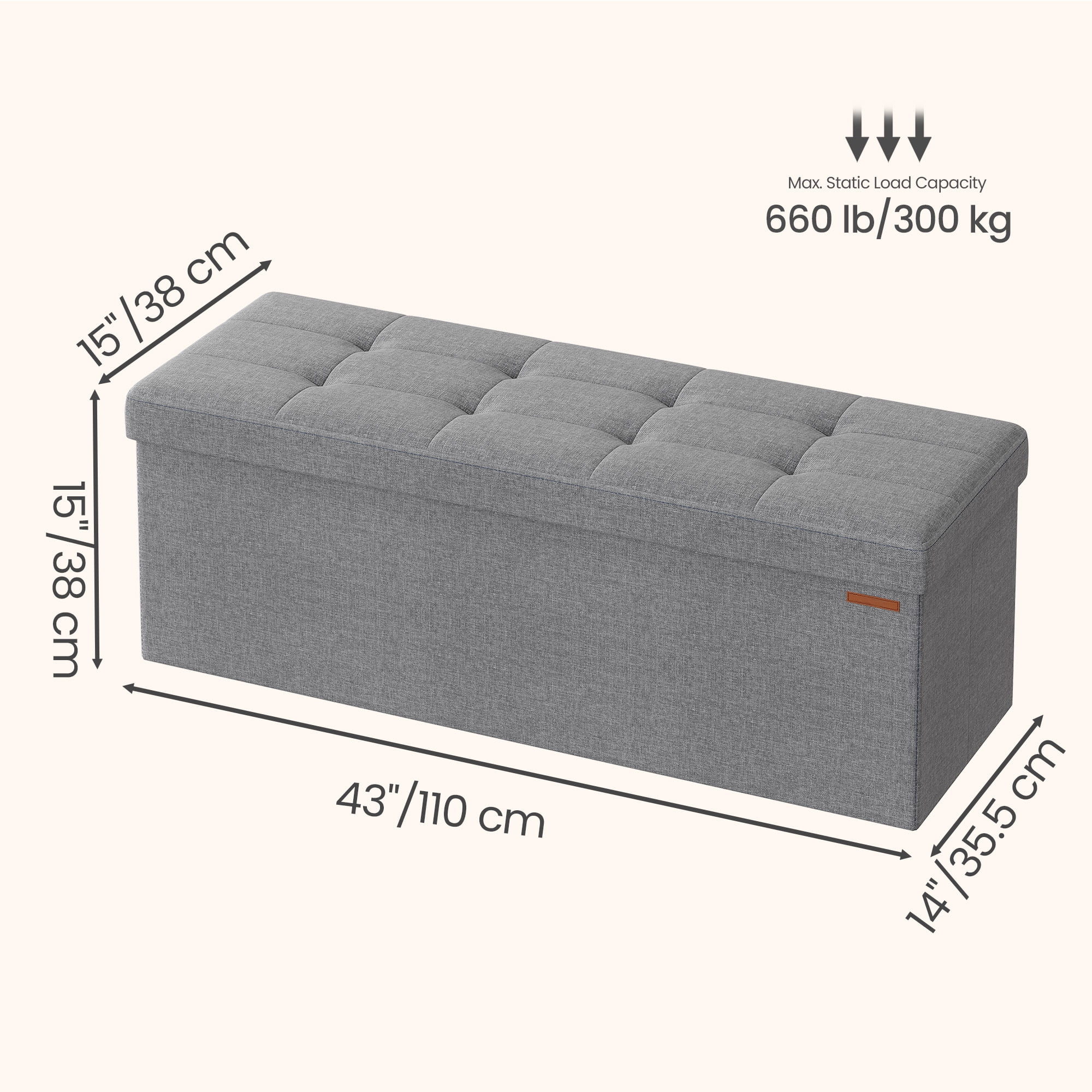 Ledrem Foldable Storage Ottoman Bench, 660lb Capacity, Light Gray