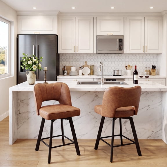 Romorgniz Bar Stool with Back Set of 2, Counter Height Bar Stools with Footrest Swivel Bar Stools with Ergonomic Hollow Backrest for Kitchen Counter, Cognac Brown