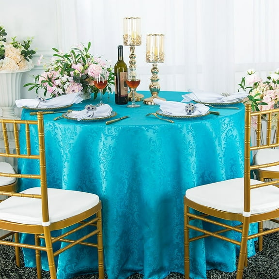 Wedding Linens Inc. 90" Seamless Round Jacquard Damask Polyester Tablecloths - Turquoise