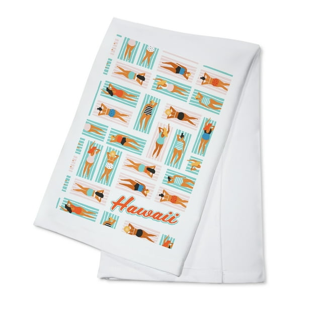 Hawaii, Aerial Beach Scene, Ladies on Towels (100 Cotton Tea Towel