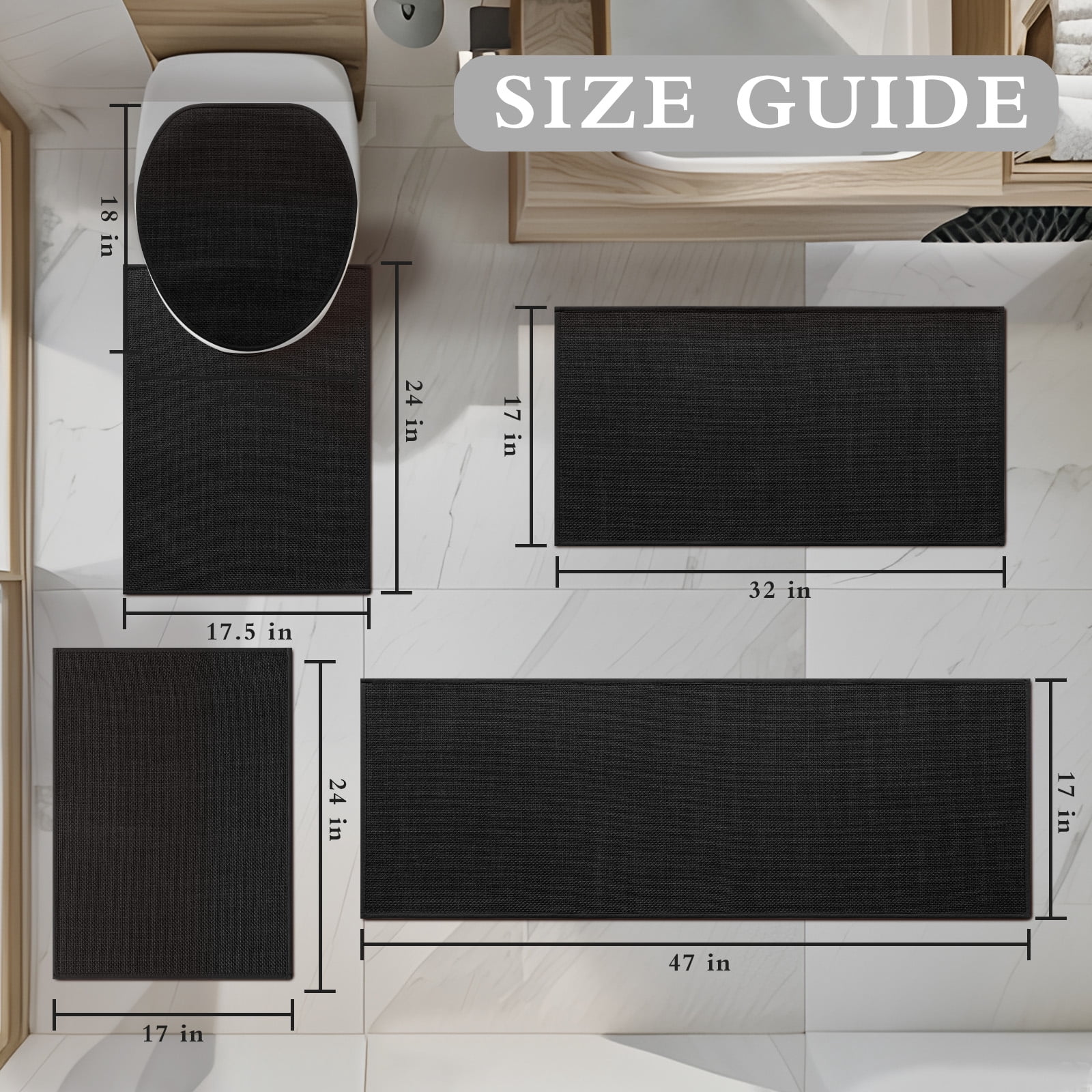 ChakmeOne 5 Piece Bathroom Rug Set Thin Super Absorbent Non Slip Machine Washable Bath Mat with Rubber Backing for Shower Tub Floor & Toilet