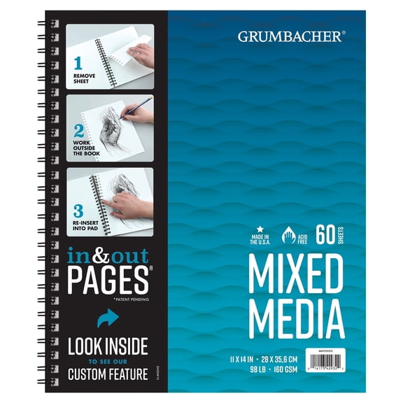 Grumbacher Mixed Media Pad 11 x 14 Inch 98lb/160GSM, 60 Sheets, Side Wire, Acid Free