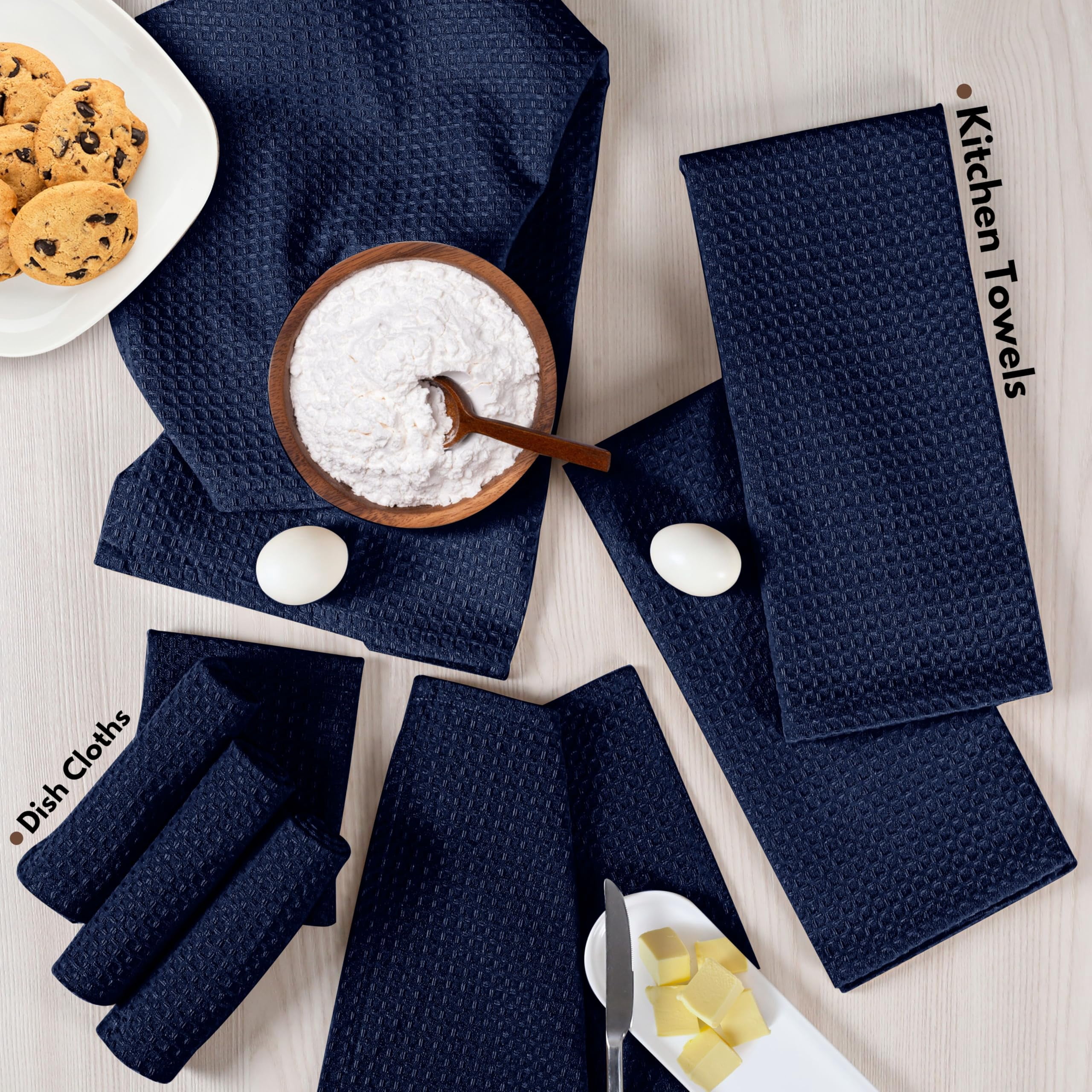 Native Fab 8 Piece Towel & Dish Cloth Set - 100% Cotton, Absorbent, Quick Drying, Durable Towels for Cleaning, Cooking, Baking - Great for Home, Kitchen, Bars & Everyday Use - Navy Blue