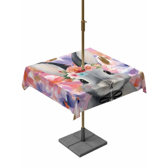 Easter Bunny Outdoor Tablecloth - 60x60 Inch Square Dining Table Cover, Spring Pink Flowers Rabbit Pastoral Botanical Waterproof Outdoor Table Cloth with Umbrella Hole & Zipper for Picnic/Patio/Party