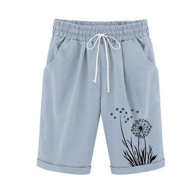 Women's Linen Summer Shorts Casual Bermuda Wide Leg Mid Length High Waisted Drawstring Dandelion Print Short With Pocket D-Light Blue