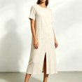 thumbnail image 5 of Levmjia Women's Summer Dress Short Sleeve Crew Neck Side Pocket Casual A Line Midi Dress with Side Slit Loose Fit Solid Color Day Dresses, 5 of 6