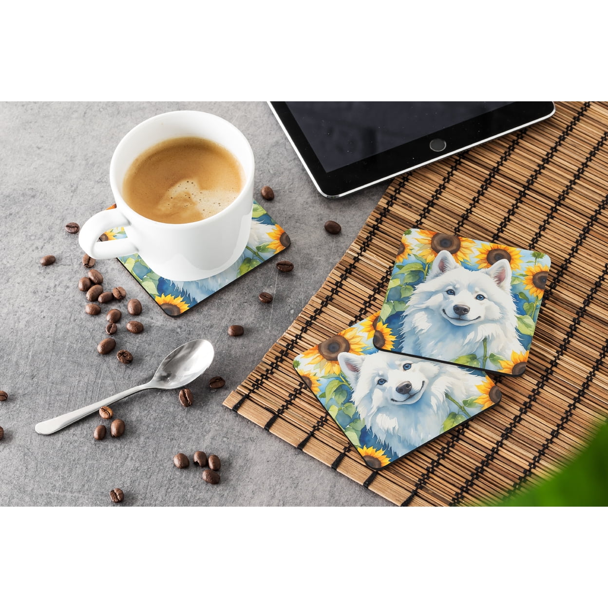 American Eskimo in Sunflowers Foam Coasters 3.5 in x 3.5 in