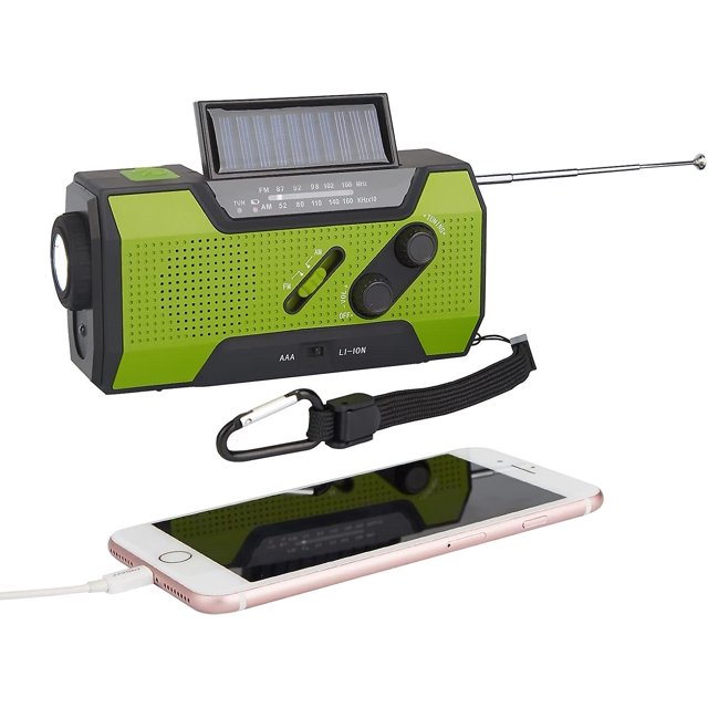 Radio de emergencia con manivela FM y AM, radio solar portátil multifunción para exteriores con batería externa de 2000 mAh, luz de lectura de 4 LED, linterna LED y alarma SOS