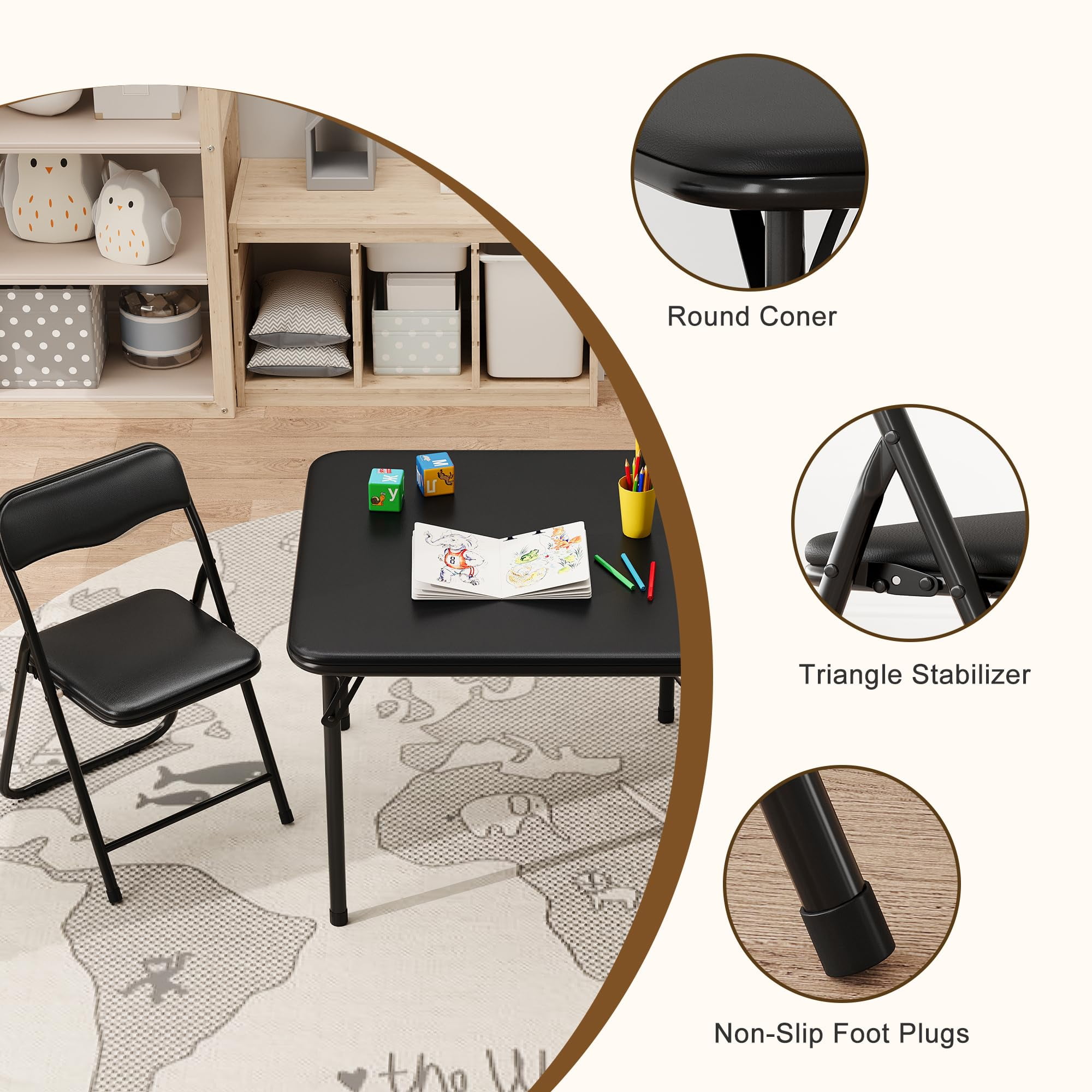 Kselythan Kids 3 Pieces Folding Table and Chairs Set, Boys and Girls Square Table Set with 2 PU Soft Cushion Chair for Eating Reading Playing