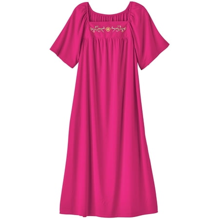 

AmeriMark Womens Solid Embroidered House Dress with Pockets Muu Muu Nightgown Raspberry 2X