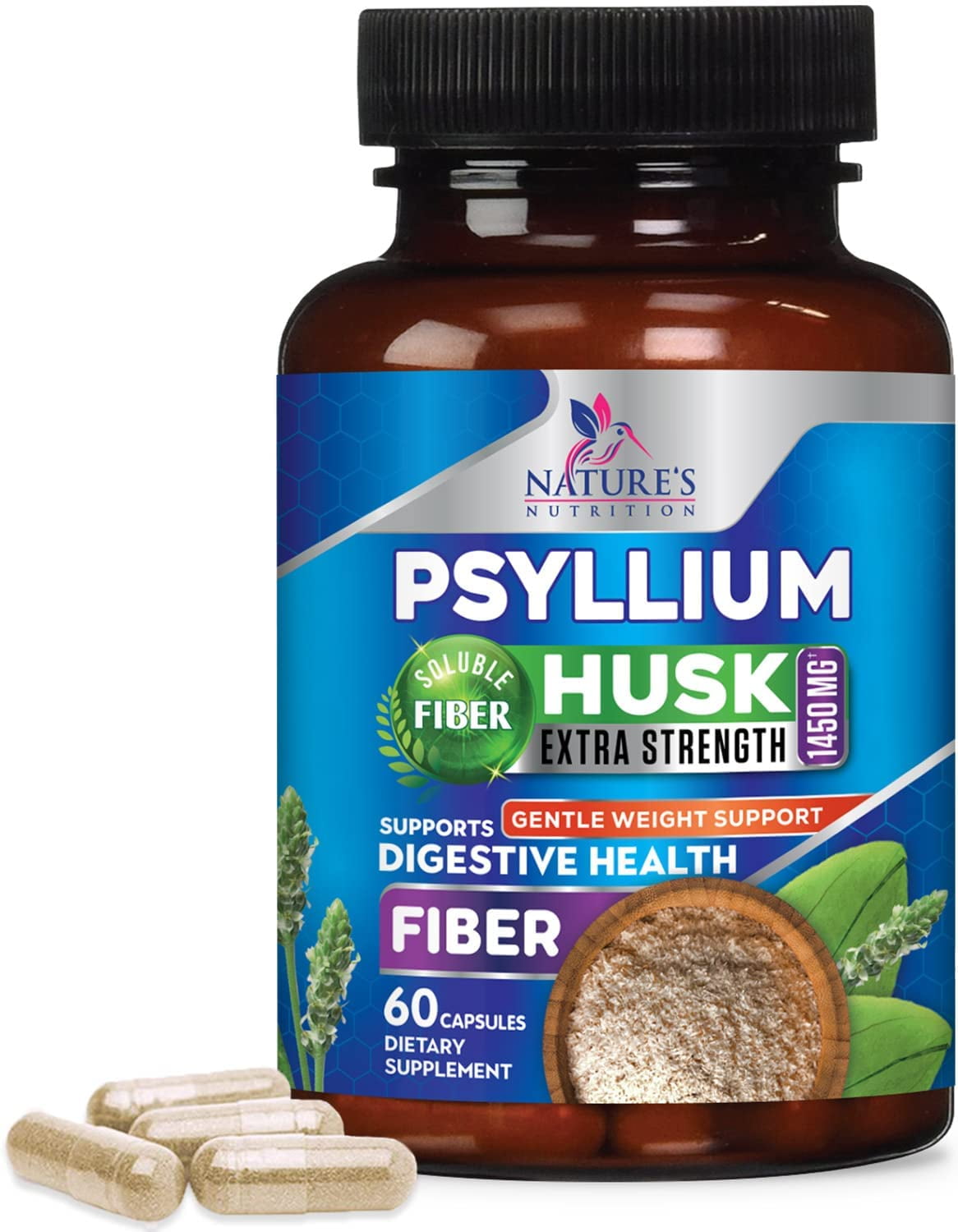 Nature's Nutrition Psyllium Husk Capsules, 1450 mg, 60 Capsules