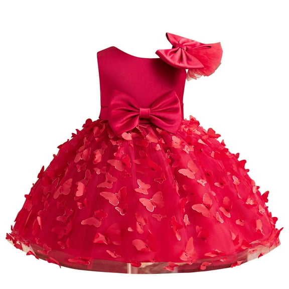 Huvoen Pageant Dresses for Girls Girls' Summer New Sleeveless Ruffled Lace Round-Neck Embroidery Mesh Princess Bow Skirt Red 2 Years