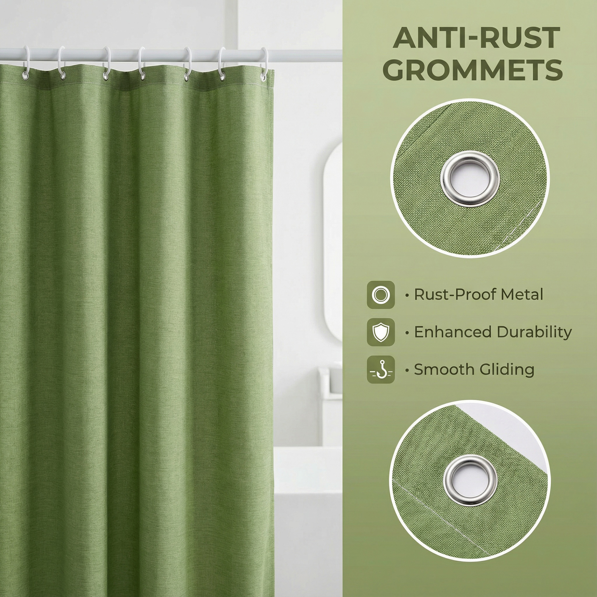 Unique Bargains Solid Color Linen-Like Shower Curtain with Hooks Green 71"W x 71"L