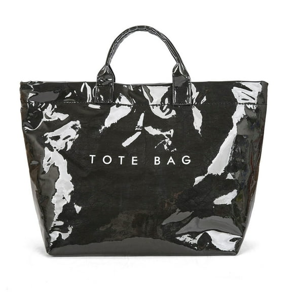 Waterproof PVC Large Tote Bag for Women with Hook-and-Loop,Black Tote Bag with Compartments,Trendy Letters Print Crossbody Handbag,Tear-Proof Plastic Tote Bags for School Commute Travel