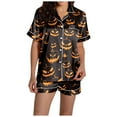 thumbnail image 4 of Womens Halloween Pajamas Pumpkin Printed Short Sleeve Pocket Button Down Lapel Shirts Loose Shorts 2 Pc Sleepwear Comfy Nightwear Silk Casual Women's Loungewear Sets Black L, 4 of 6
