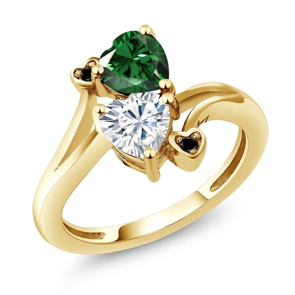 Gem Stone King 18K Yellow Gold Plated Silver Green Nano Emerald White Moissanite and Black Diamond Ring for Women (1.53 Cttw, Heart Shape 6MM, Gemstone May Birthstone, Size 5)